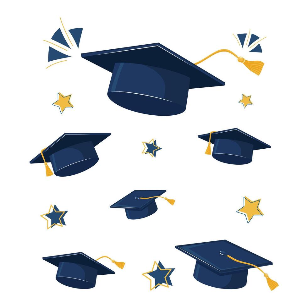 Scattered Blue Graduation Hats With Gold Tassels And Stars On White Background. Celebration And Success Theme For Banner, Wallpaper, And Poster. vector