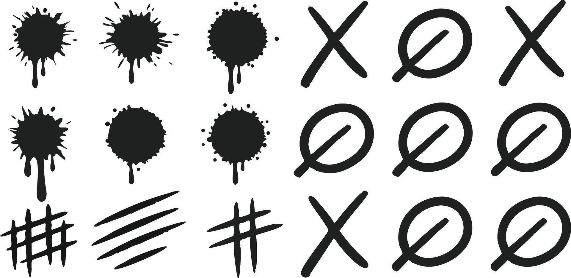 Ink splatters, crosses, circles with lines, hash marks on background graphic elements vector