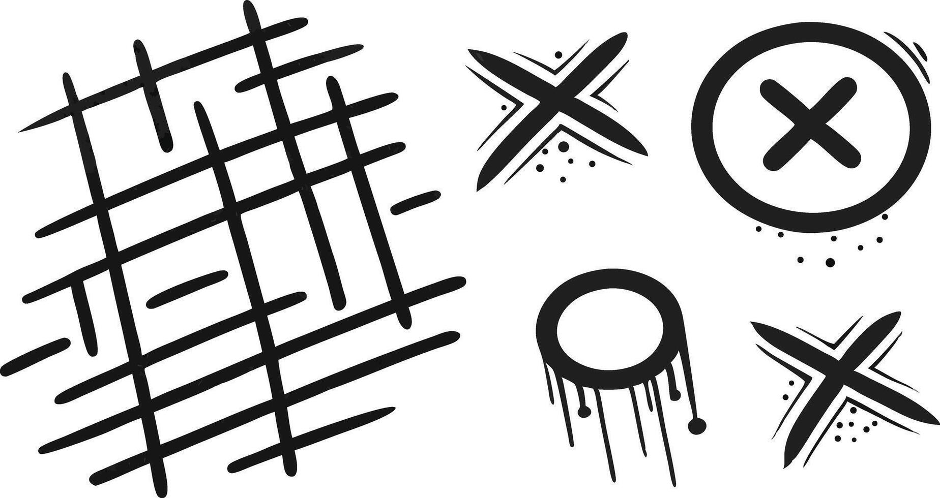 Hand drawn graphic elements including cross marks grid circle drips on background vector