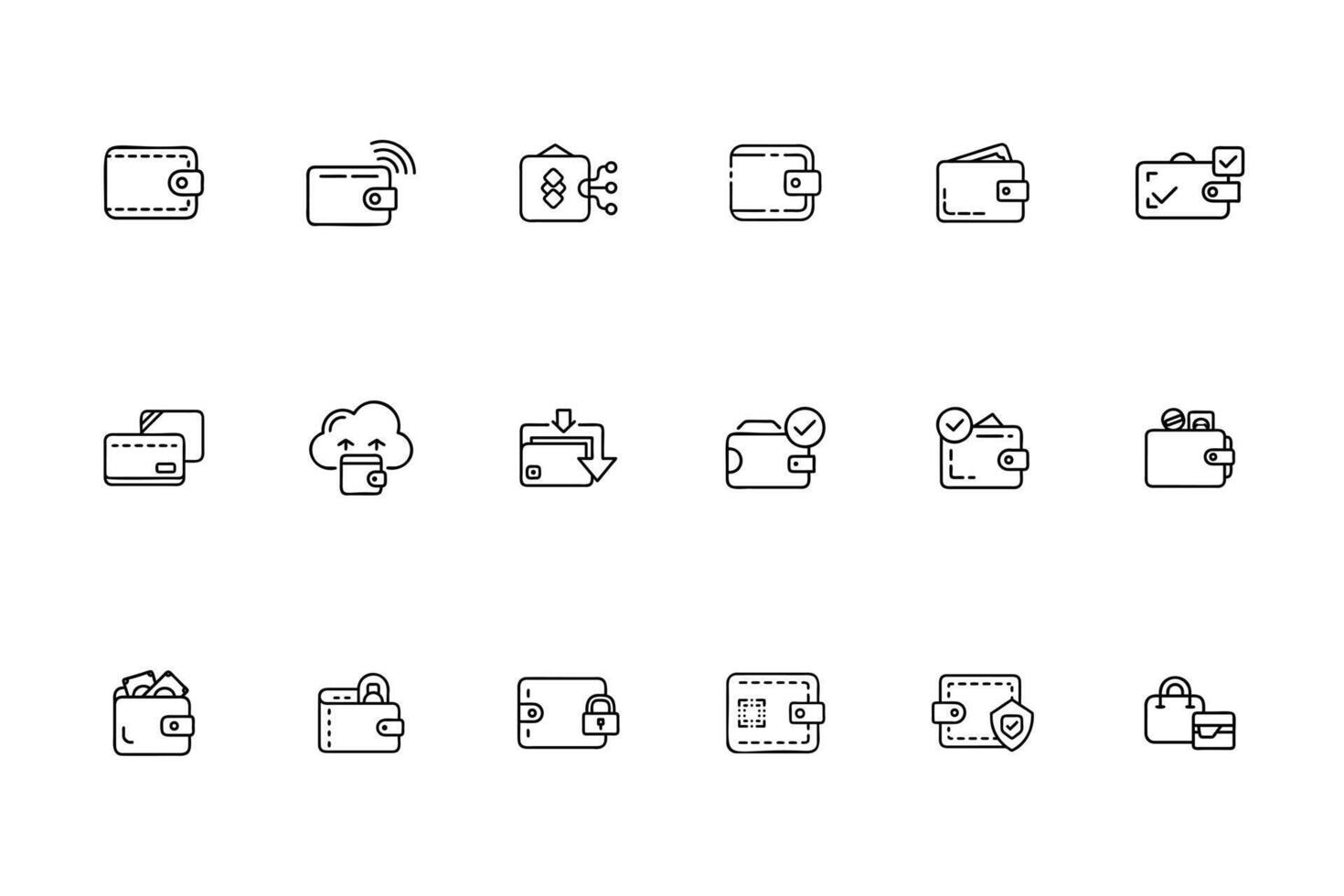 Set Wallet Icons in Outline Style Depicting Various Concepts Like Wireless, Cloud, Security vector