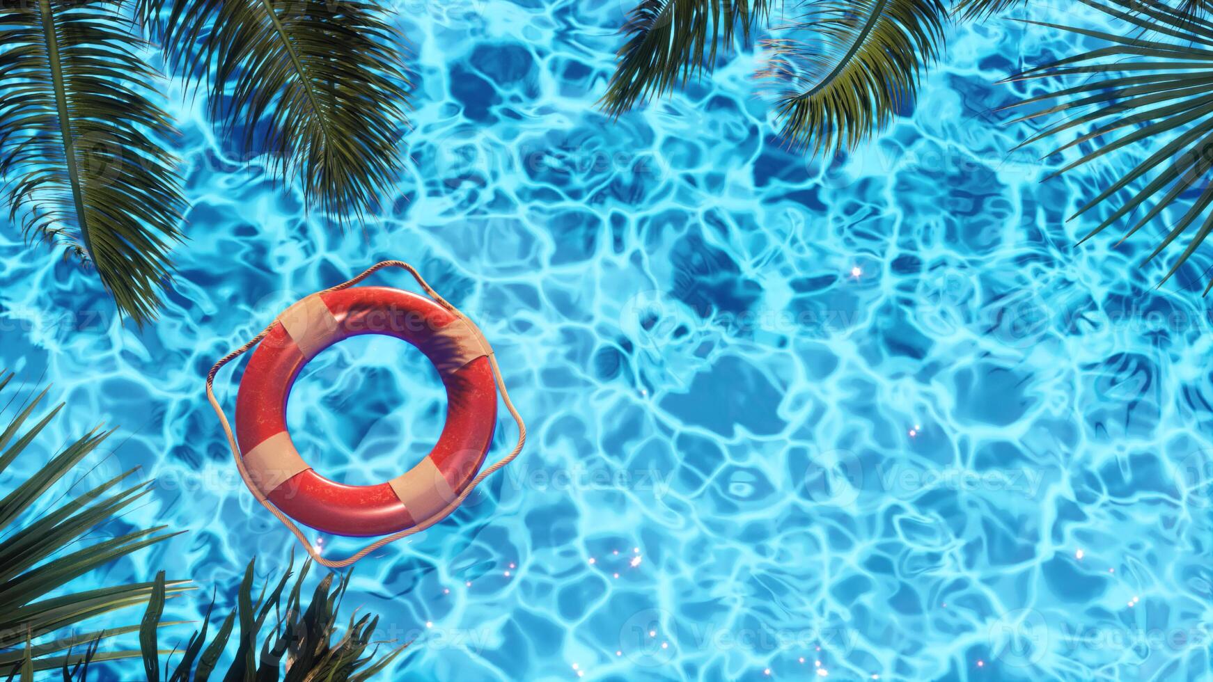 Colorful Lifebuoy Floating in Clear Blue Pool photo
