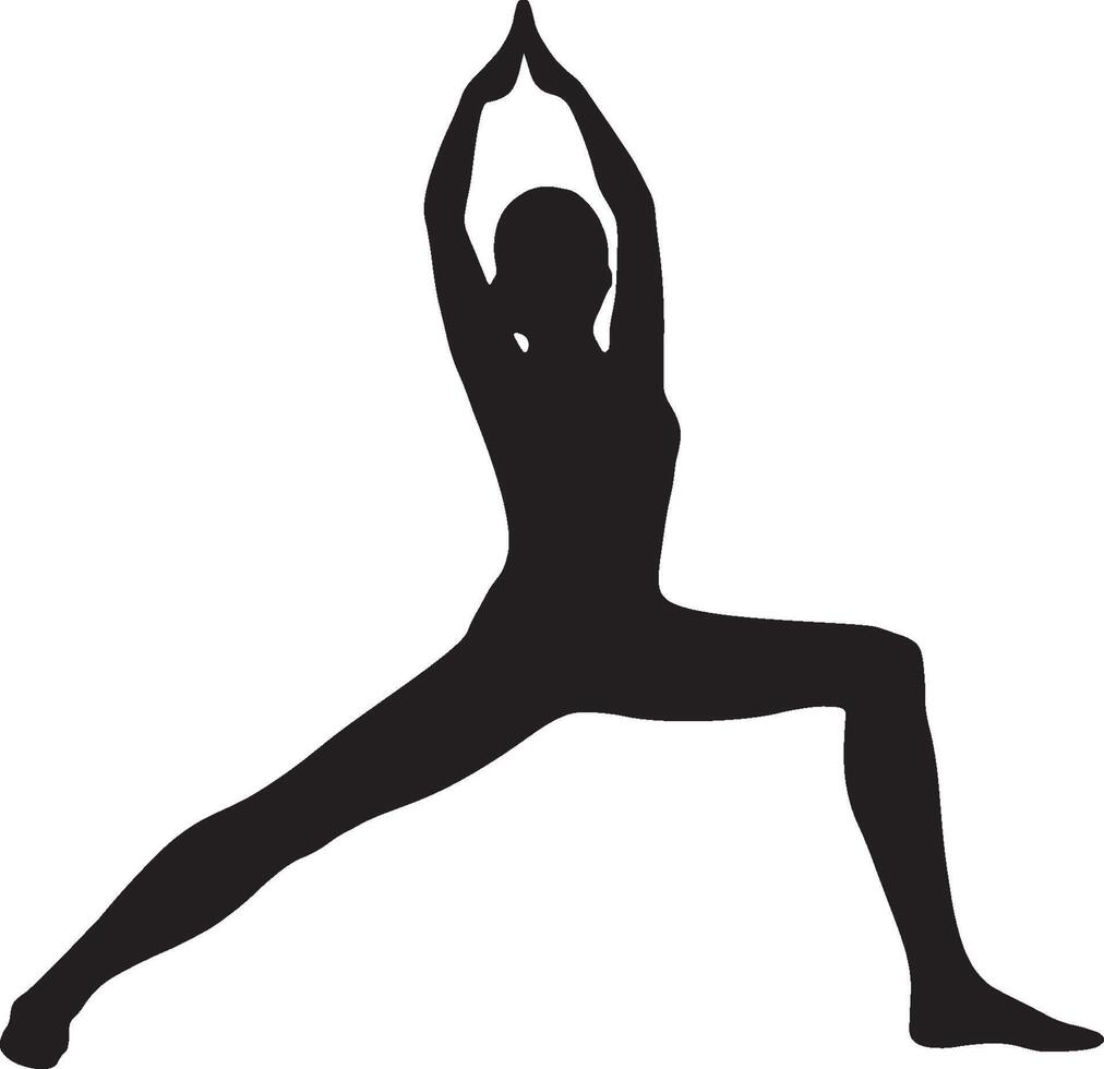 Silhouette of a woman practicing yoga warrior pose. vector