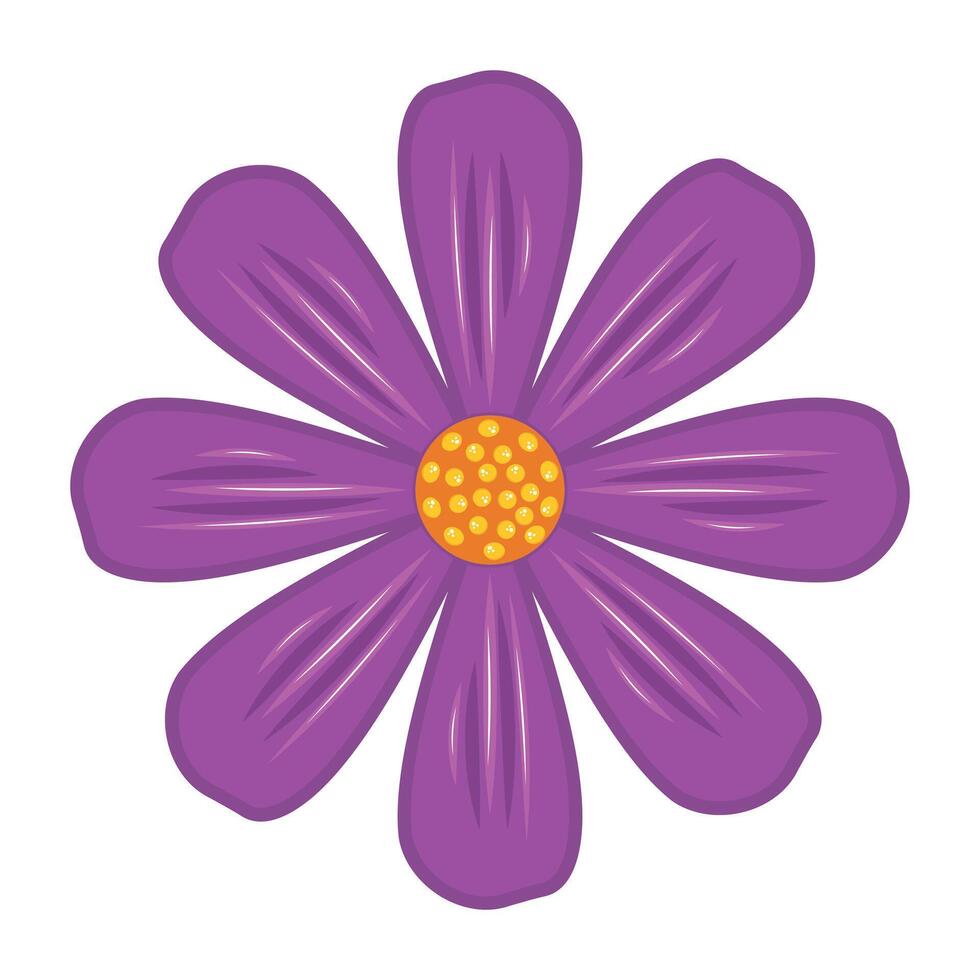 Bright Purple Daisy with Textured Petals Illustration. A stylized purple daisy with nine smooth, rounded petals radiating from a golden-yellow center. vector