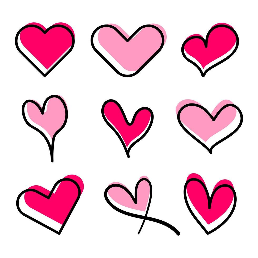 Hand Drawn Heart Doodle Set Illustration. A colorful illustration featuring a collection of 9 hand drawn heart doodles in different shapes and styles. vector