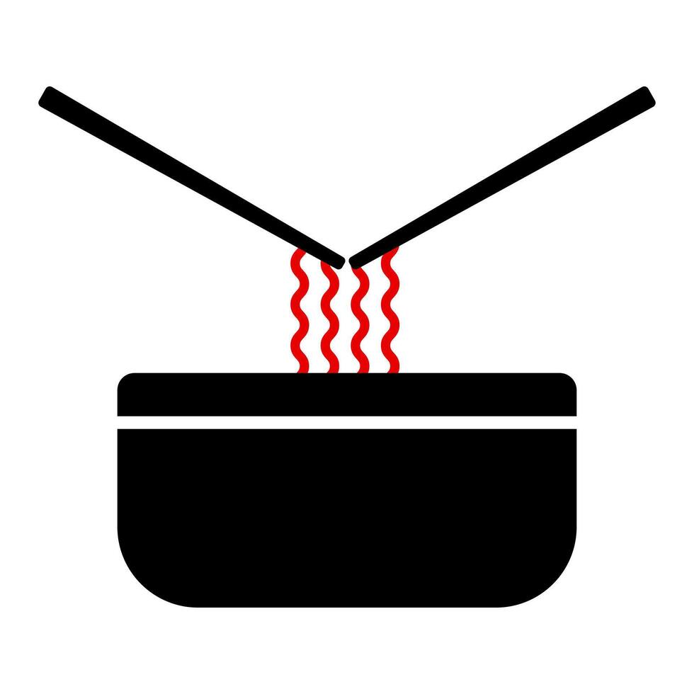 Bowl of Noodles with Chopsticks Minimalist Food Illustration. A bowl filled with red, wavy noodles, with two black chopsticks positioned above as if lifting the noodles. vector