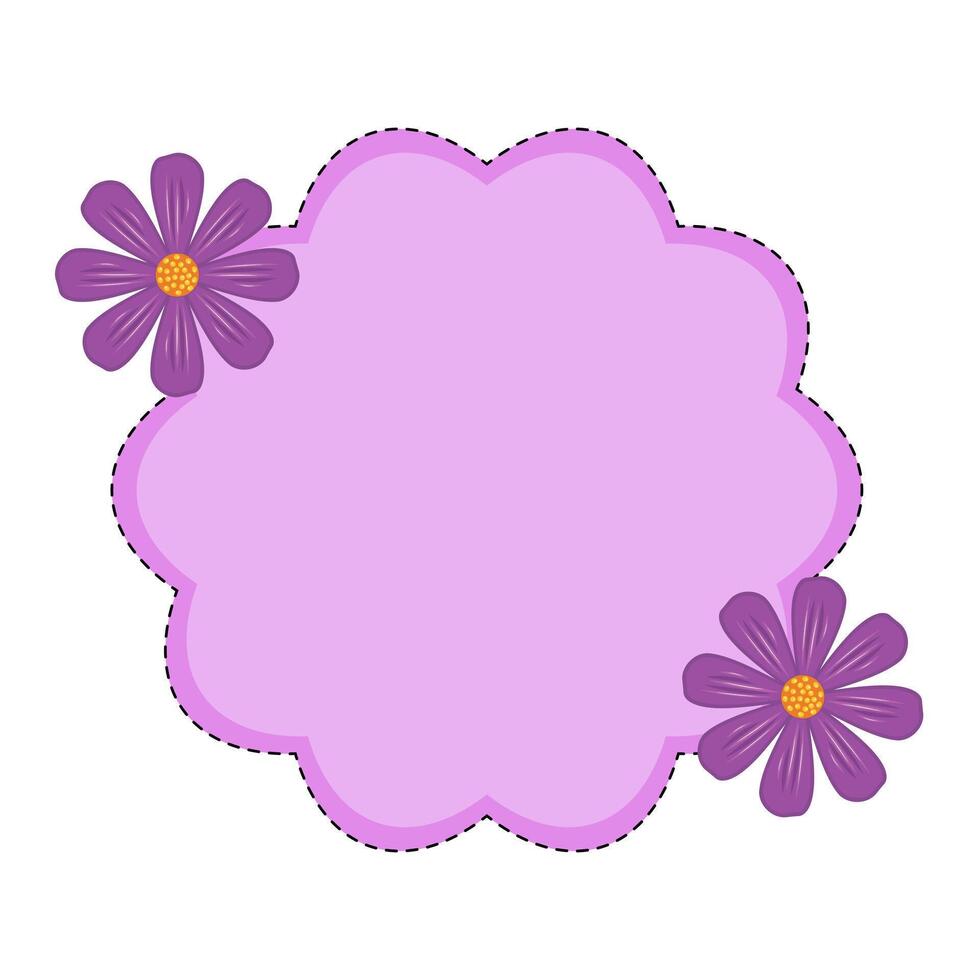 Purple Floral Label Frame with Dotted Border Illustration. A decorative, scalloped edge label in purple with a dashed black outline, giving it a stitched appearance. vector