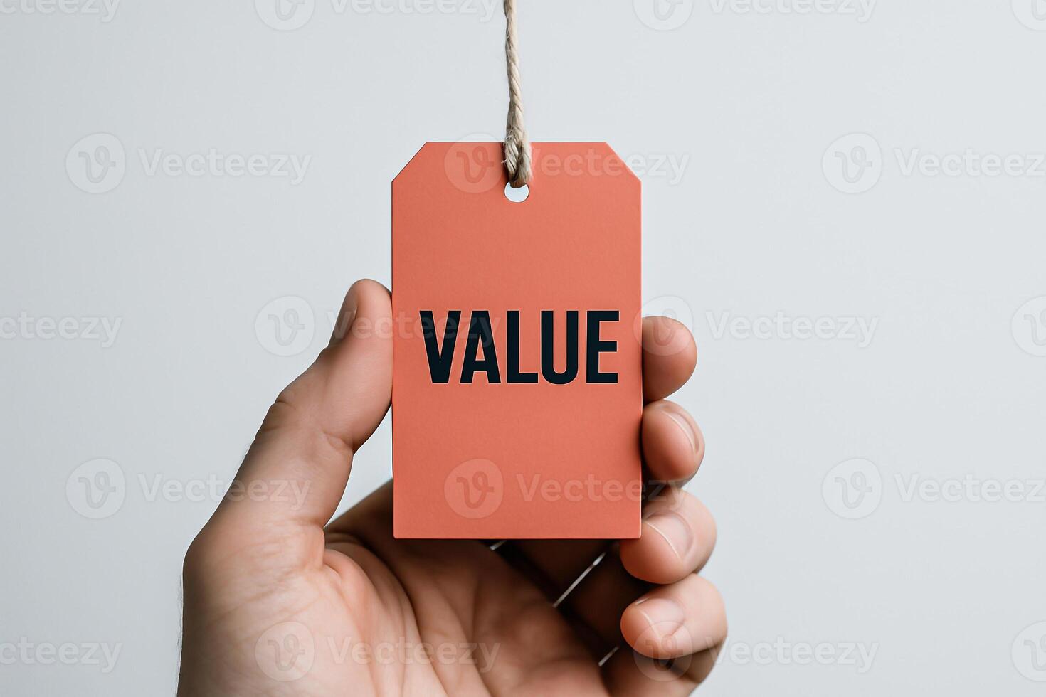 Hand holding orange tag with value text and string, branding and marketing concept, price label, worth perception and business communication photo