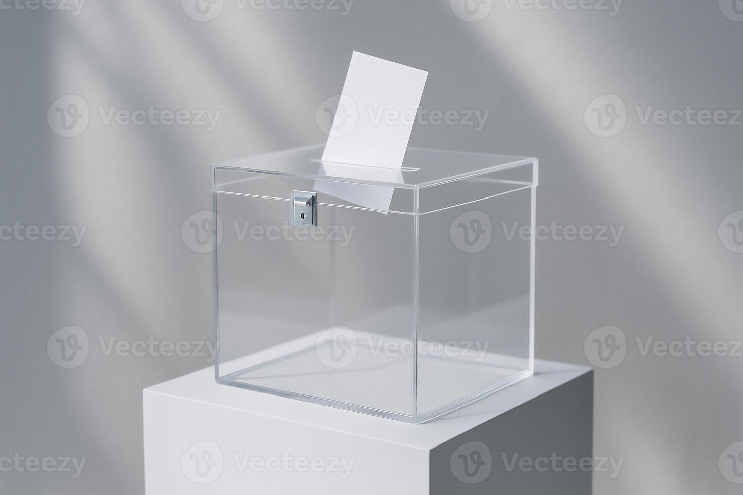 Transparent ballot box with voting paper on pedestal, minimal election setup, modern democracy, civic engagement and political decision-making photo