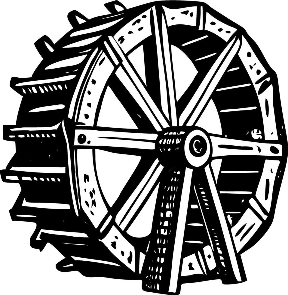 A vintage style illustration showing waterwheel energy vector