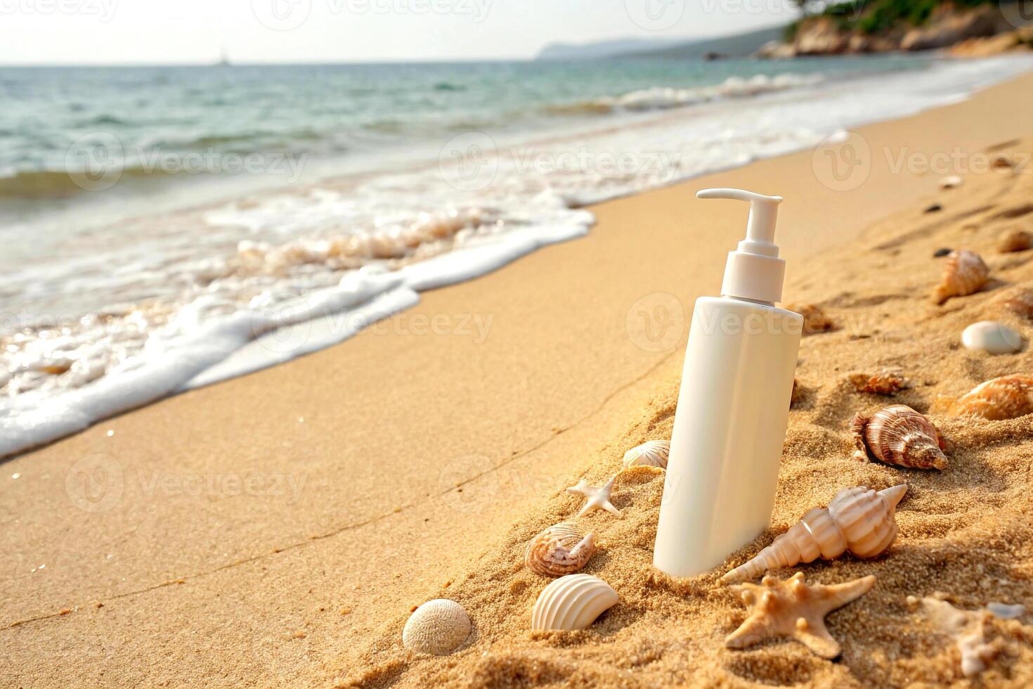 A bottle of lotion sits on the sand photo