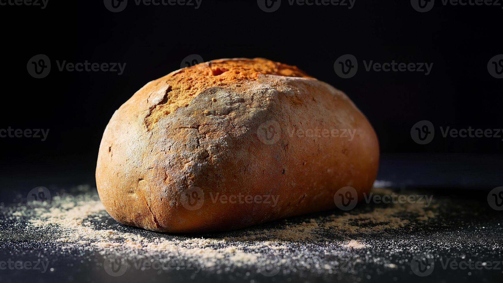 A loaf of bread sitting on a table with flour photo