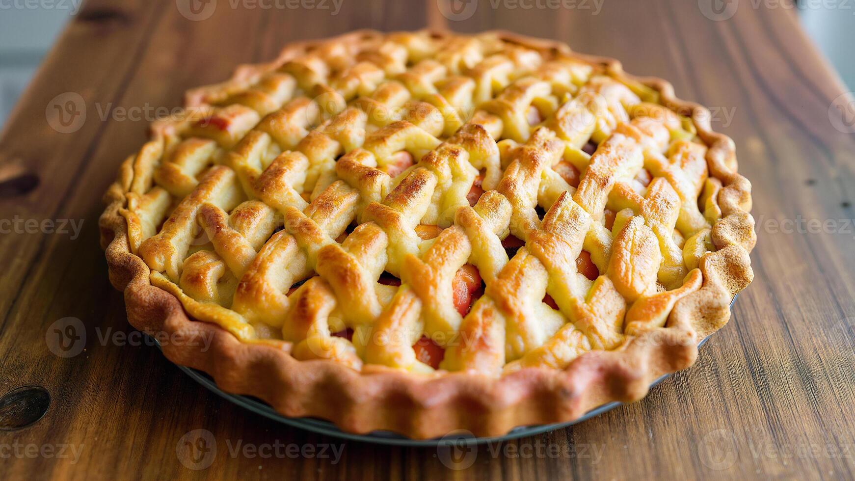 Golden Lattice Crust Homemade Fruit Pie on wooden table photo