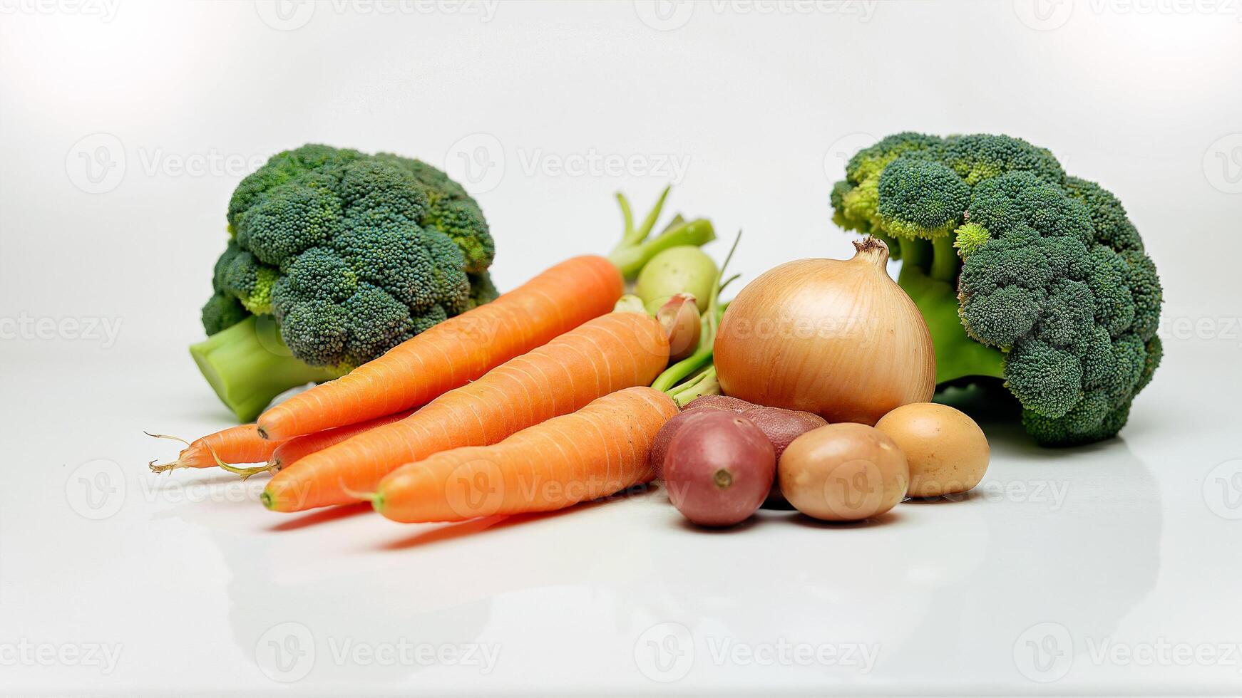 Assorted fresh vegetables - broccoli, carrots, onion, and potatoes isolated on a white background, for food and nutrition concepts. Suitable for illustrating healthy eating, vegetarian meals, and grocery themes. photo