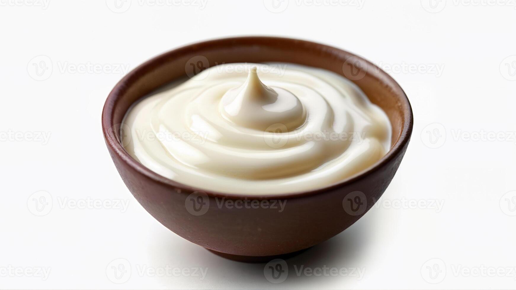 Fresh Yogurt in Small Brown Bowl Isolated photo