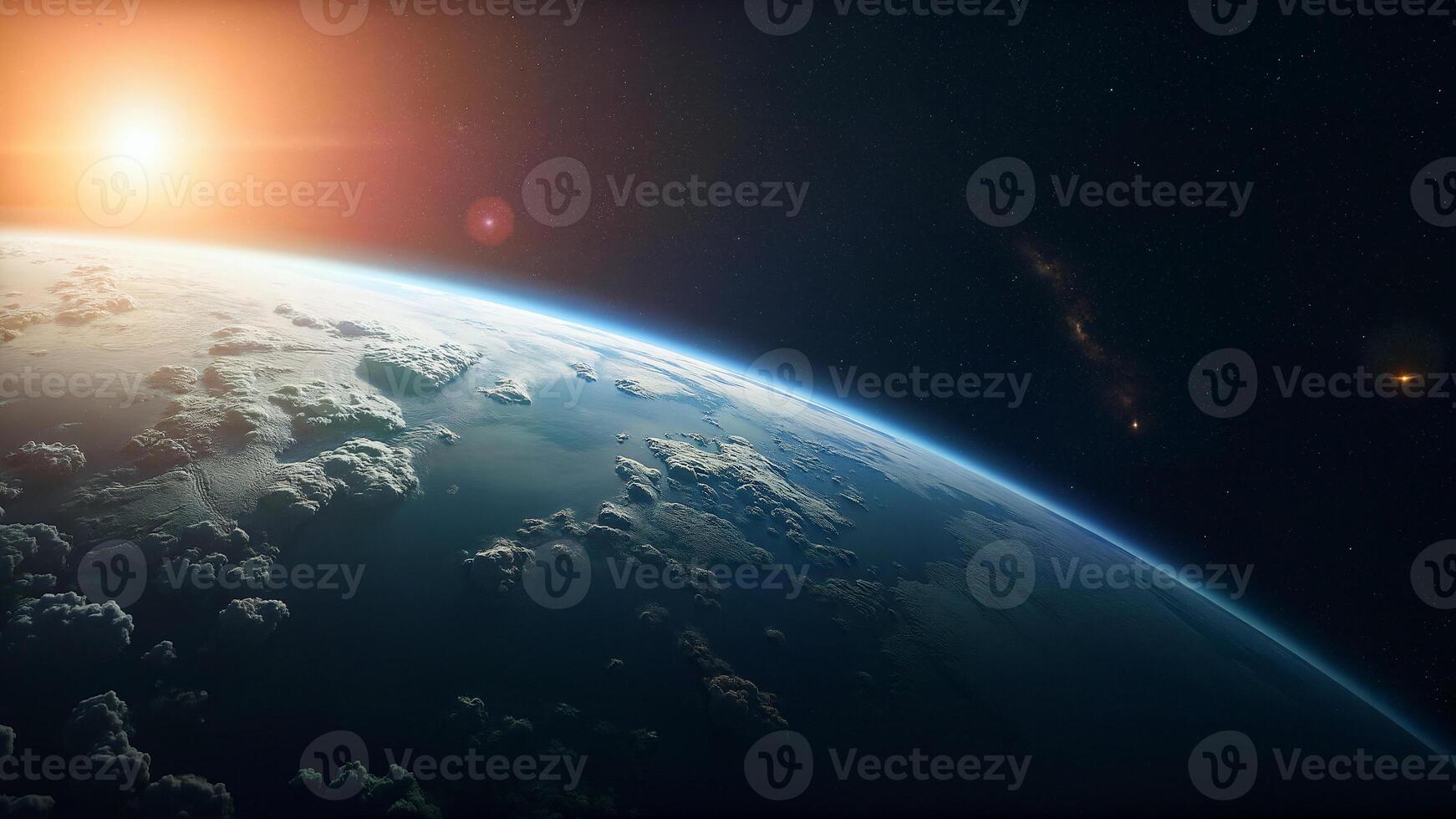 High-resolution image of Earth from space showing the planet's blue atmosphere and cloud formations. Useful for science, education, and astronomy presentations. photo
