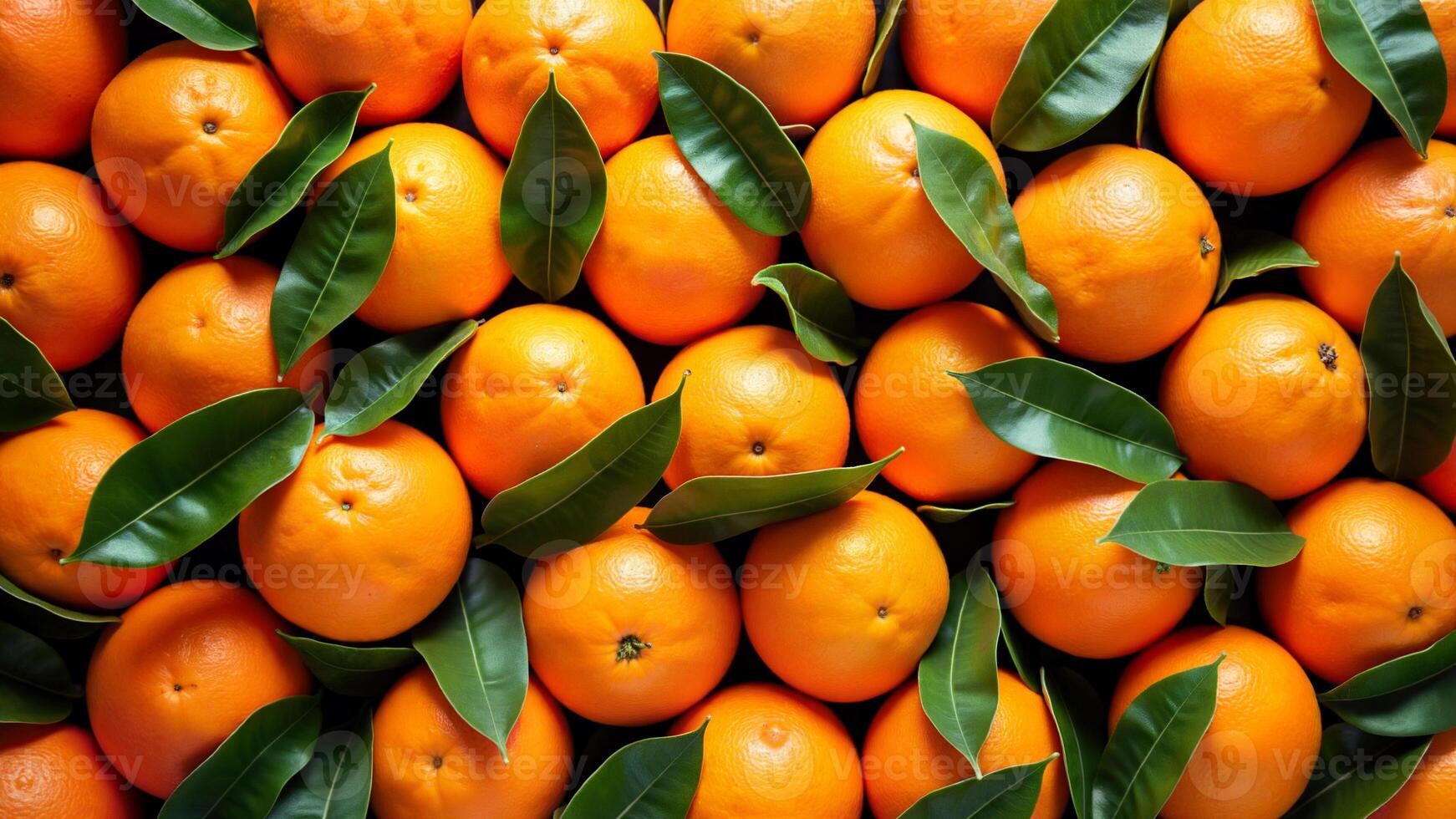 Oranges with green leaves, fills the frame, arranged closely together. Useful for illustrating healthy food, citrus fruit, or natural produce concepts. photo