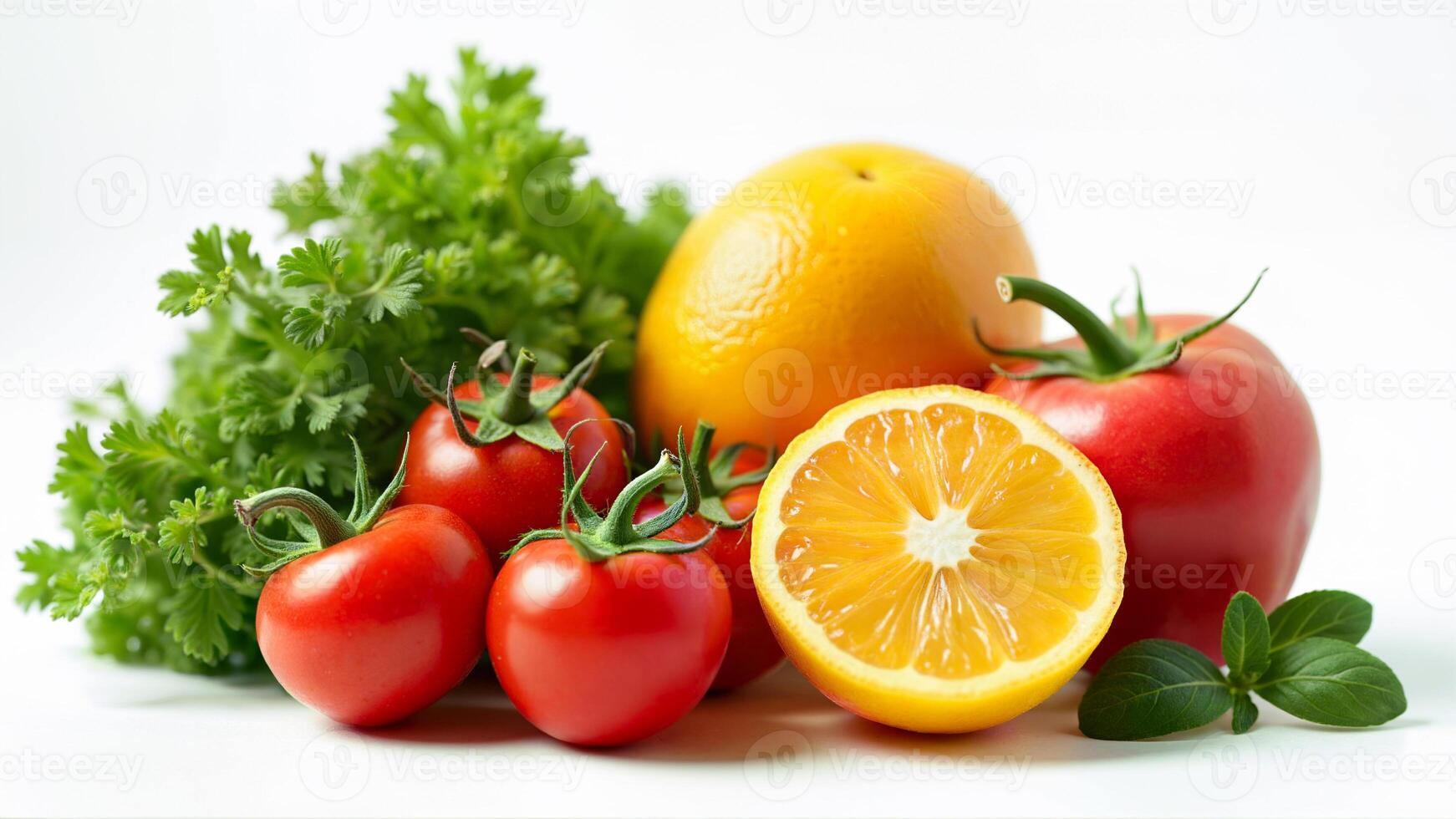 Assorted organic tomatoes, lemon, orange, and herbs isolated on a white background for healthy food concepts. Useful for illustrating natural ingredient products and clean eating themes. photo