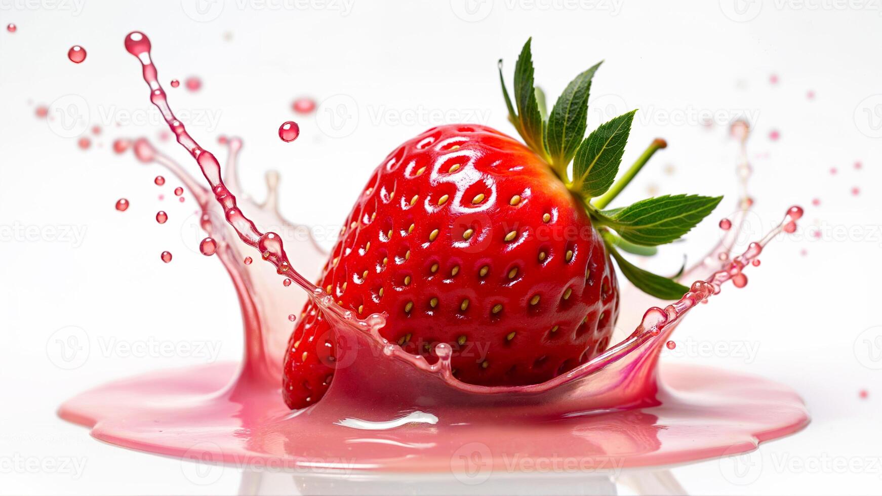 Isolated ripe strawberry splashes into pink liquid, emphasizing freshness and juiciness. Useful for food, beverage, and healthy lifestyle concepts. photo