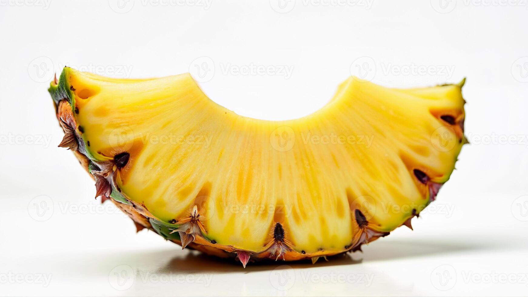 Fresh pineapple slice with visible seeds and juicy flesh, isolated on a white background. Useful for food, nutrition, and tropical fruit concepts. photo