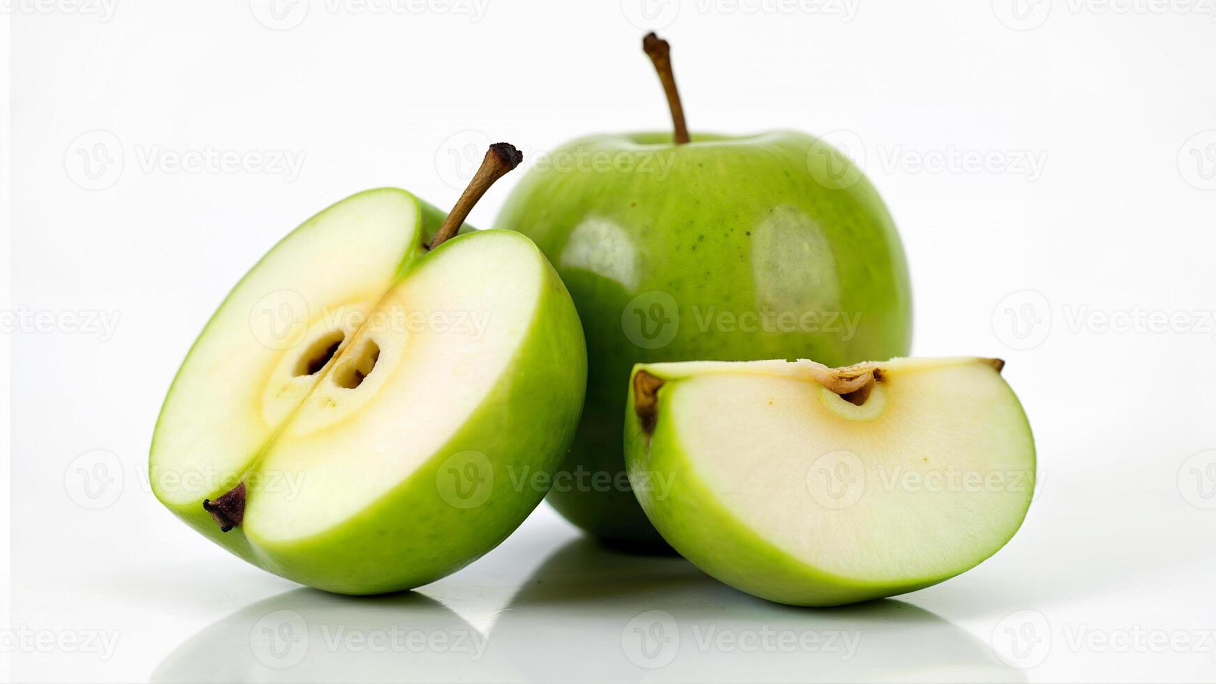 Isolated green apples cut open with visible seeds and juicy flesh on a white background. Useful for food, nutrition, and healthy eating concepts. photo