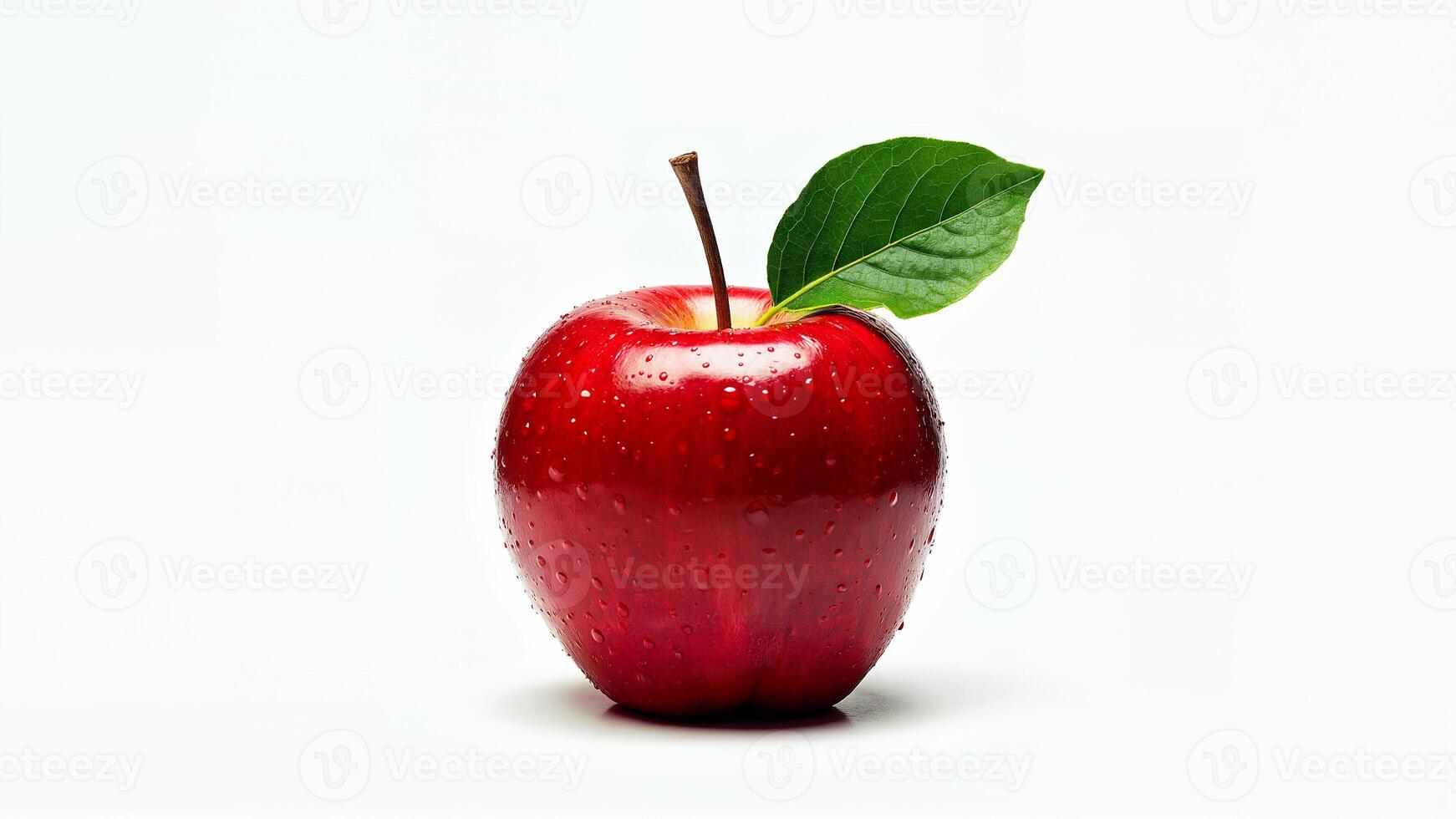 Single red apple with green leaf and water droplets isolated on white background. Suitable for food, nutrition, and healthy eating concepts. photo