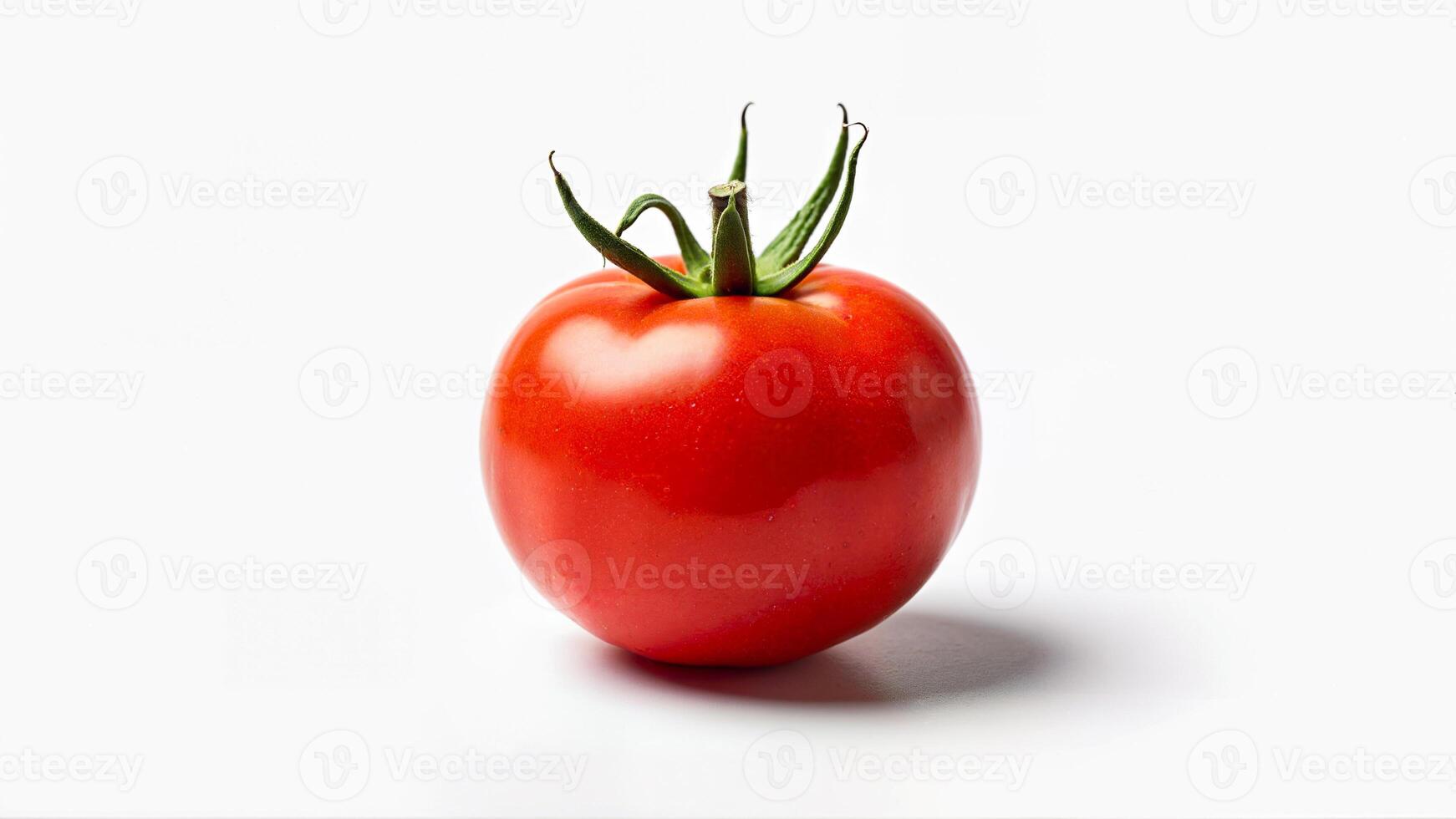 Single fresh red tomato isolated on a white background for food, nutrition, and healthy eating concepts. Useful for recipes, grocery, and diet visuals. photo