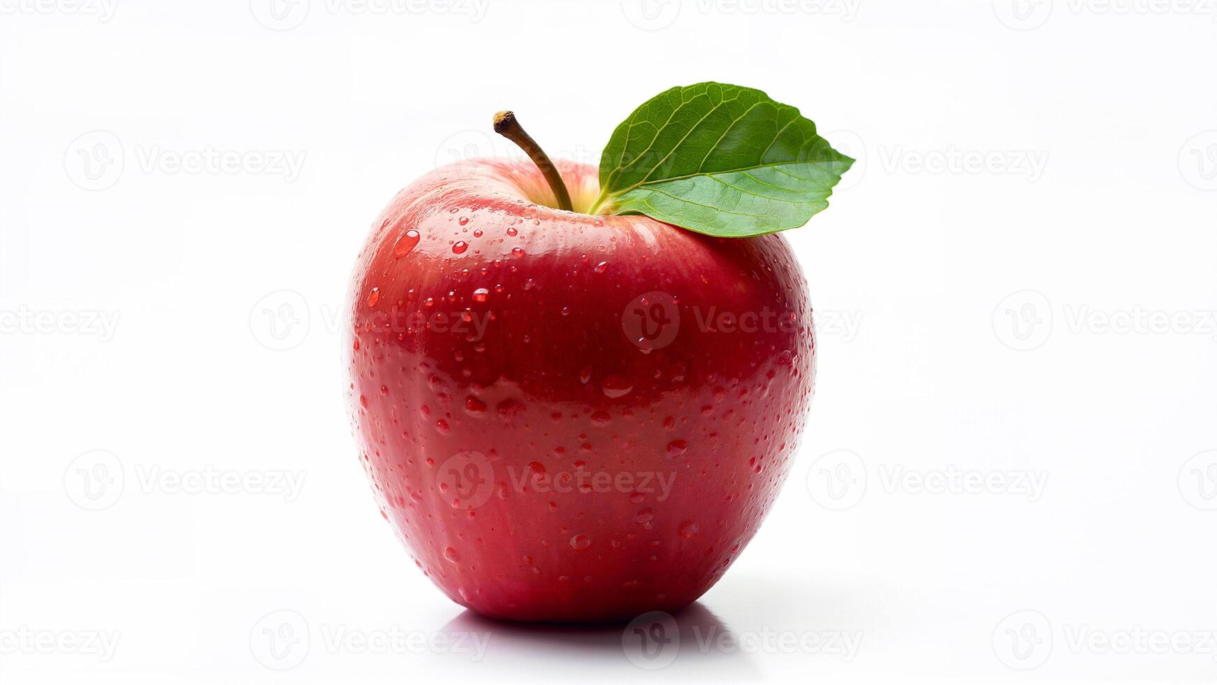 Single red apple with green leaf and water droplets isolated on white background. Useful for food, nutrition, and healthy eating concepts. photo