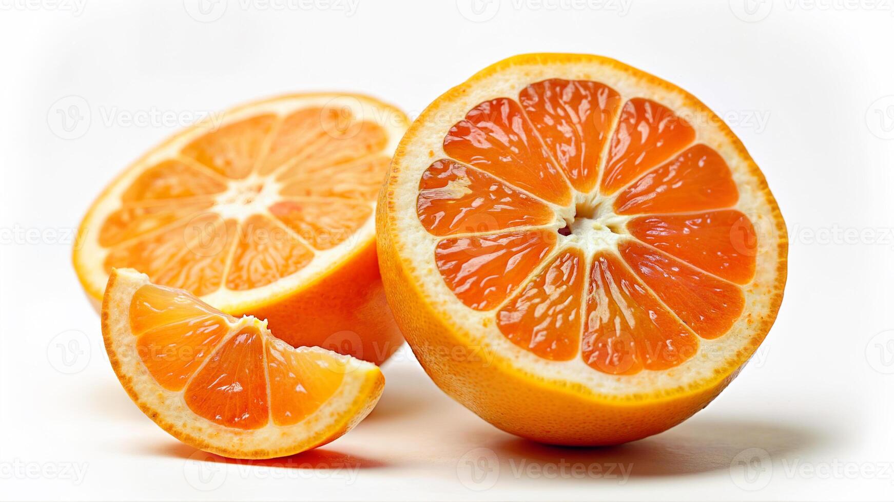 Isolated ripe pomelo fruit cut in half with visible seeds and juicy flesh on a white background. Suitable for illustrating healthy eating, citrus fruits, and fresh produce concepts. photo