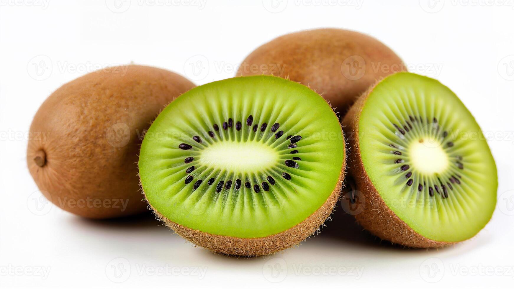 Whole and sliced kiwi fruit displayed isolated on a white background. Useful for food, nutrition, and healthy eating concepts. photo