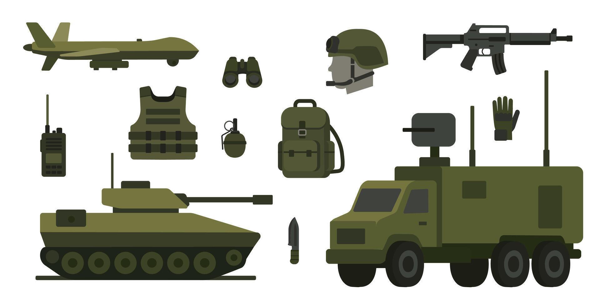 Military equipment and supplies arranged on a white background showcasing tactical items vector