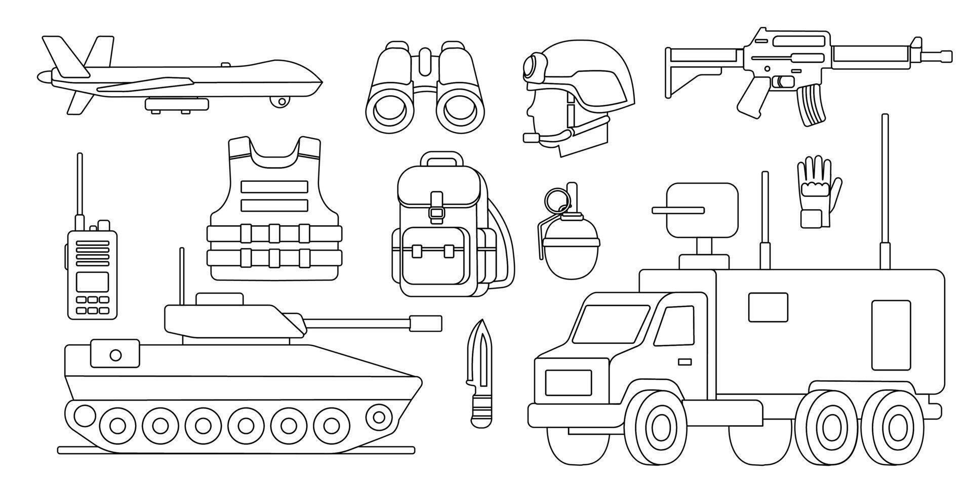 Military equipment illustration featuring vehicles, weapons, and gear in a detailed layout vector