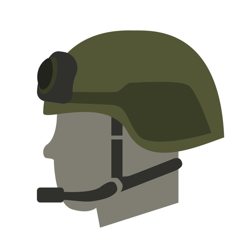 Military helmet with night vision gear showcased on a gray silhouette against a white background vector