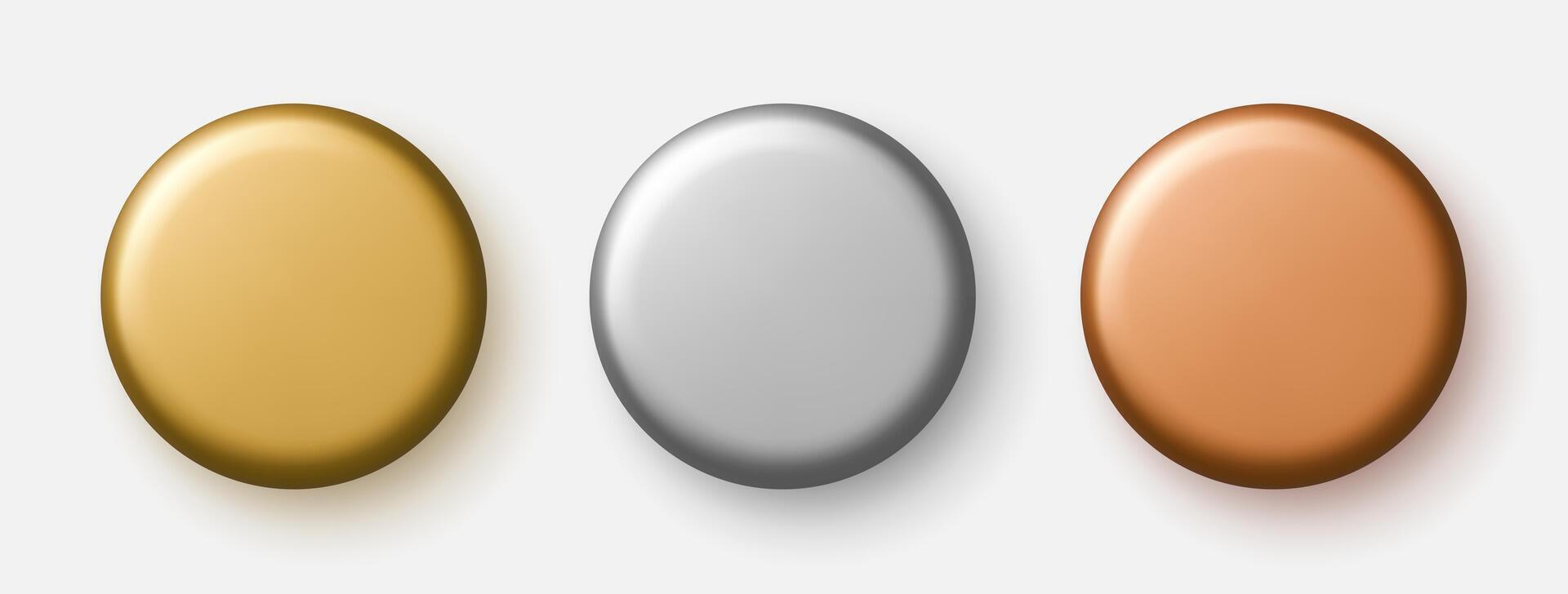 Set of glossy 3D round badges in metallic colors. Gold, silver, and bronze shiny medal icons. illustration vector