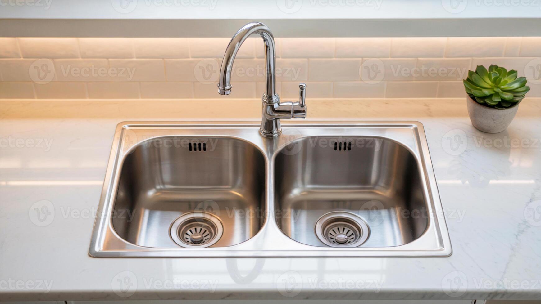 Polished Chrome Faucet and Stainless Steel Double Sink in Kitchen with White Marble Countertop and Natural Light photo