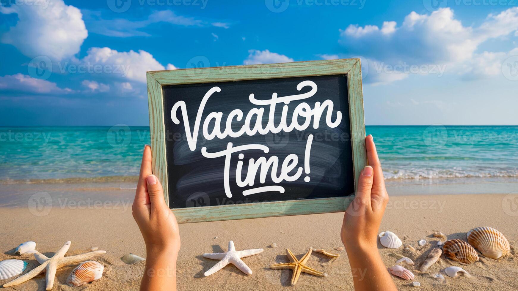 Hands Holding a Chalkboard Saying Vacation Time on a Beach photo