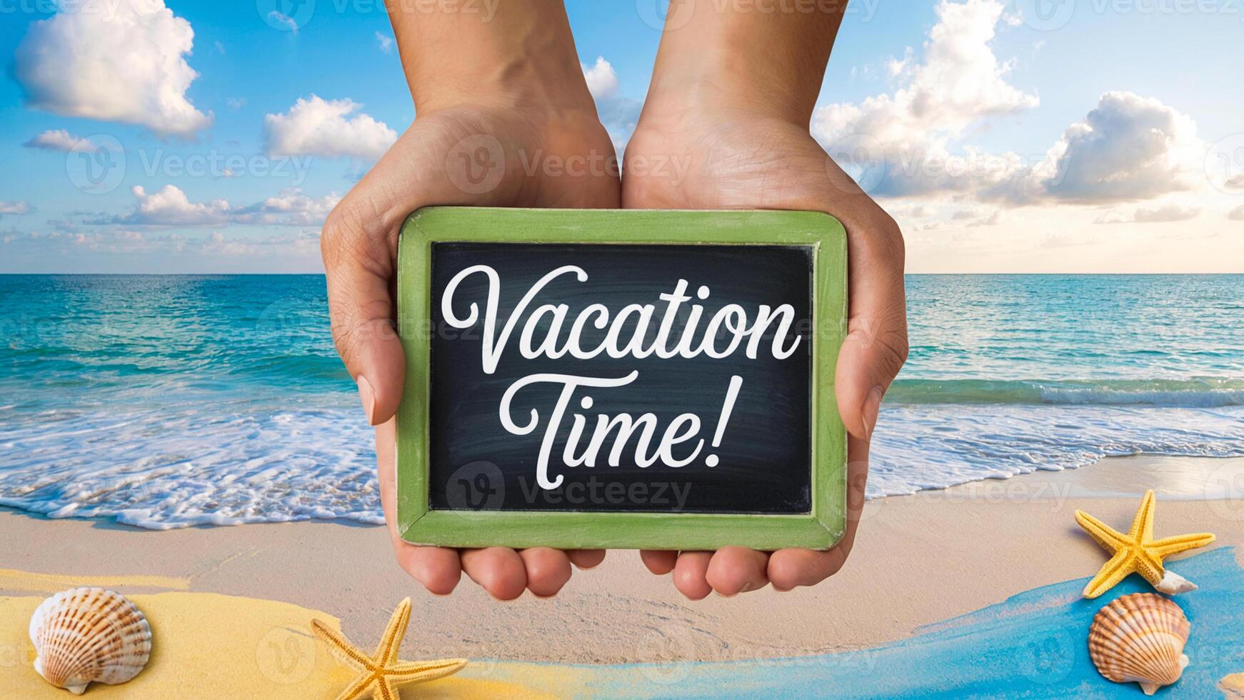 Close-Up of Hands Displaying Vacation Time Sign at Seaside with Soft Sand and Light Clouds in Background photo