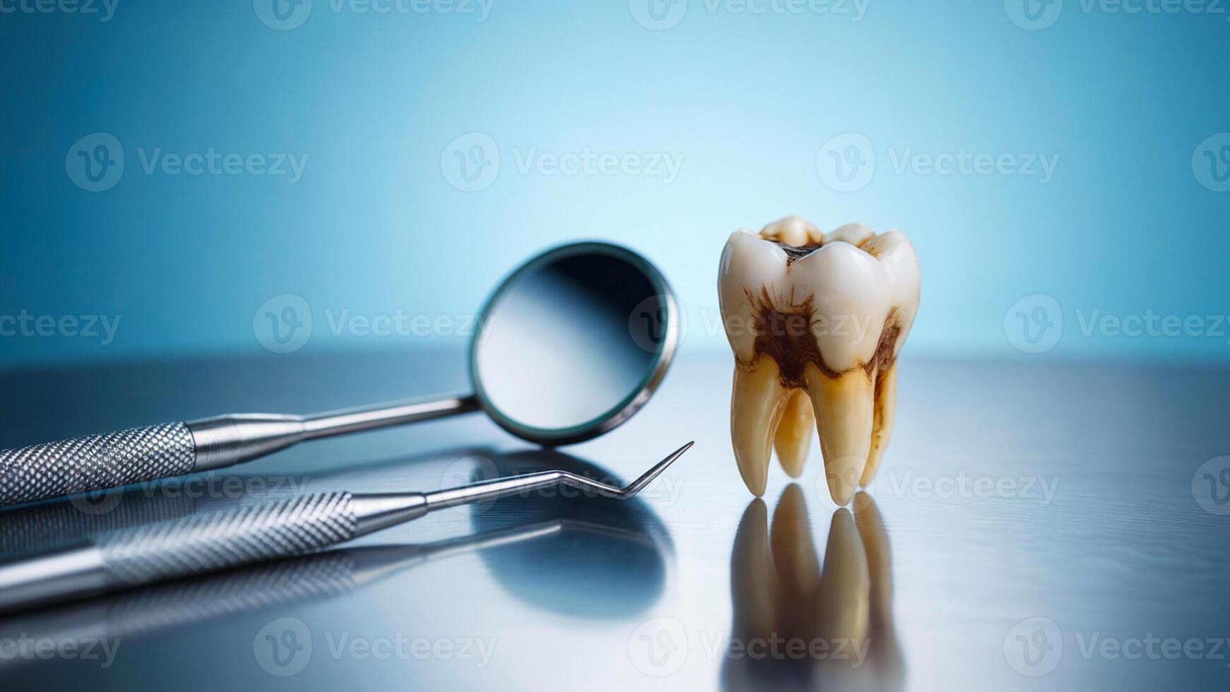 Close-Up of a Molar Tooth with Shiny Dental Tools on Reflective Silver Surface and Cold Light Blue Background photo