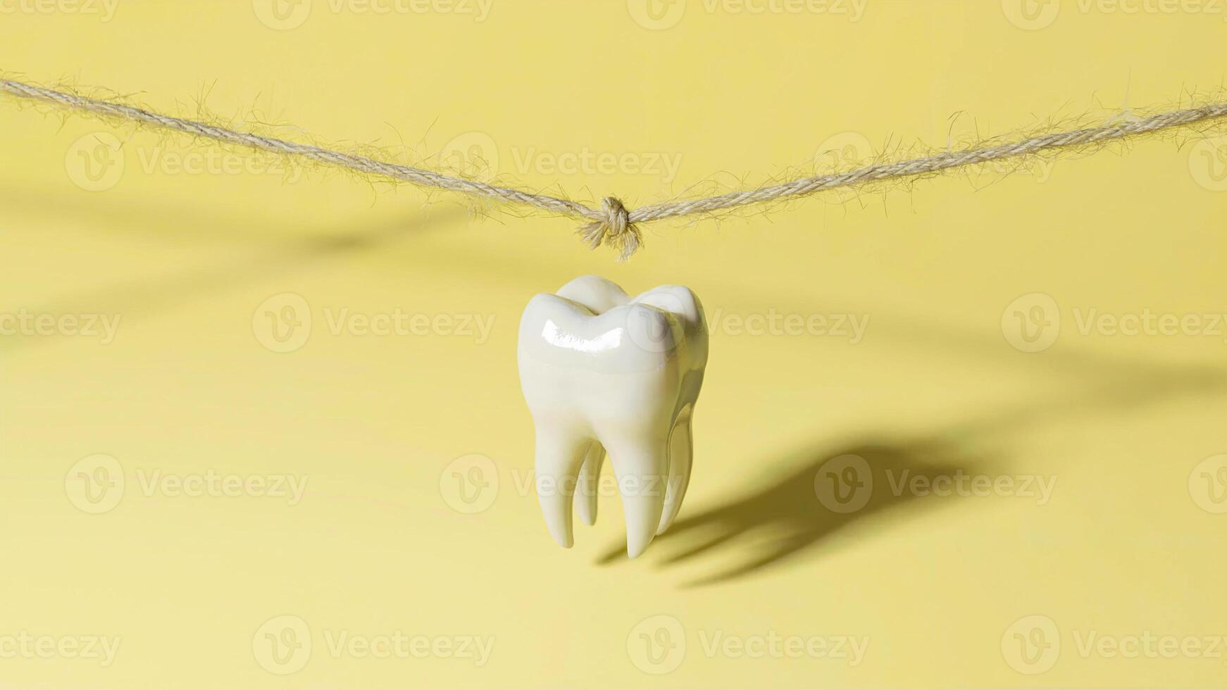 Glossy White Tooth Dangling Midair by Thread Over Soft Yellow Backdrop photo