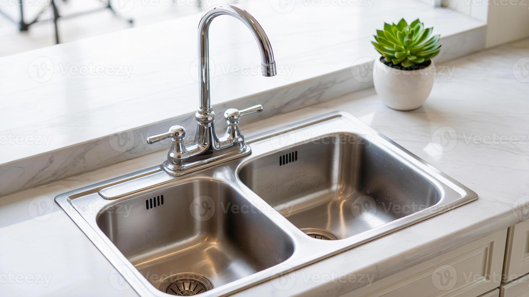 Chrome Faucet and Dual Sink Installed in Elegant Kitchen with White Marble Counter and Minimal Decor photo