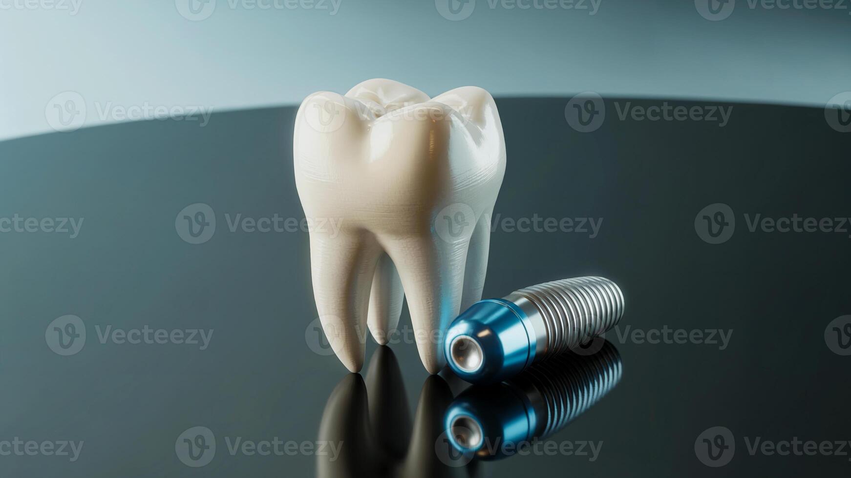 Human Tooth and Implant Side by Side on Shiny Surface with Gradient Blue Background photo