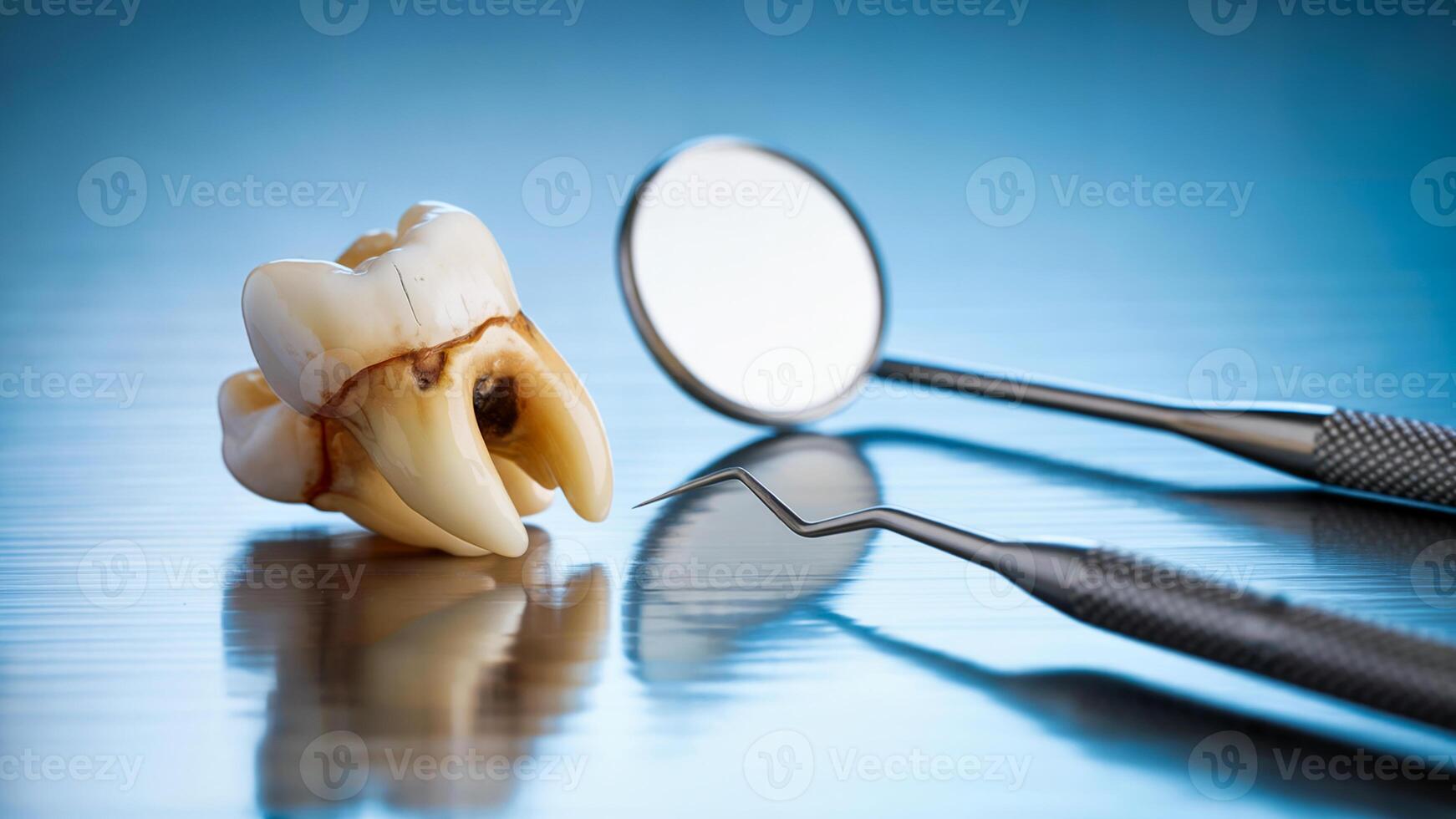 Dental Concept Image Featuring a Human Molar and Mirror Explorer Tools on a Silver Reflective Surface photo