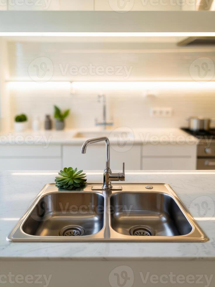 Contemporary Kitchen Design with White Marble Countertops, Polished Steel Sink, and Soft Ambient Lighting photo