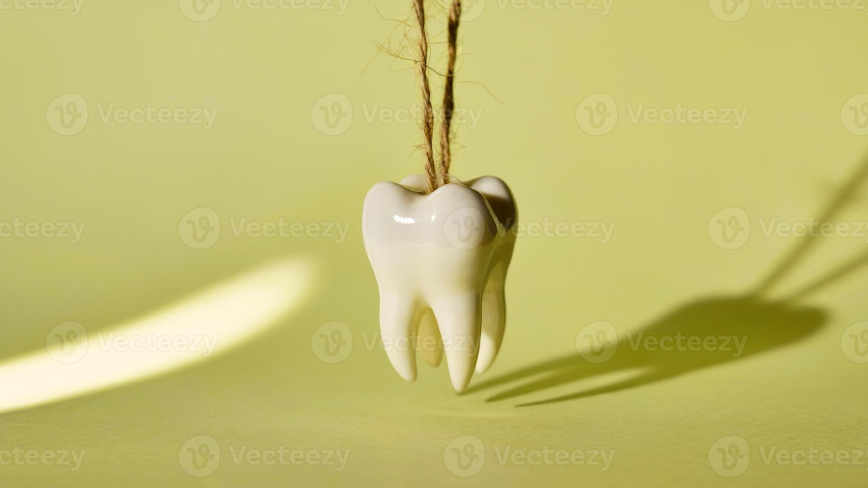 Suspended Human Tooth Hanging by Frayed String with Shadow on Pastel Yellow Background photo
