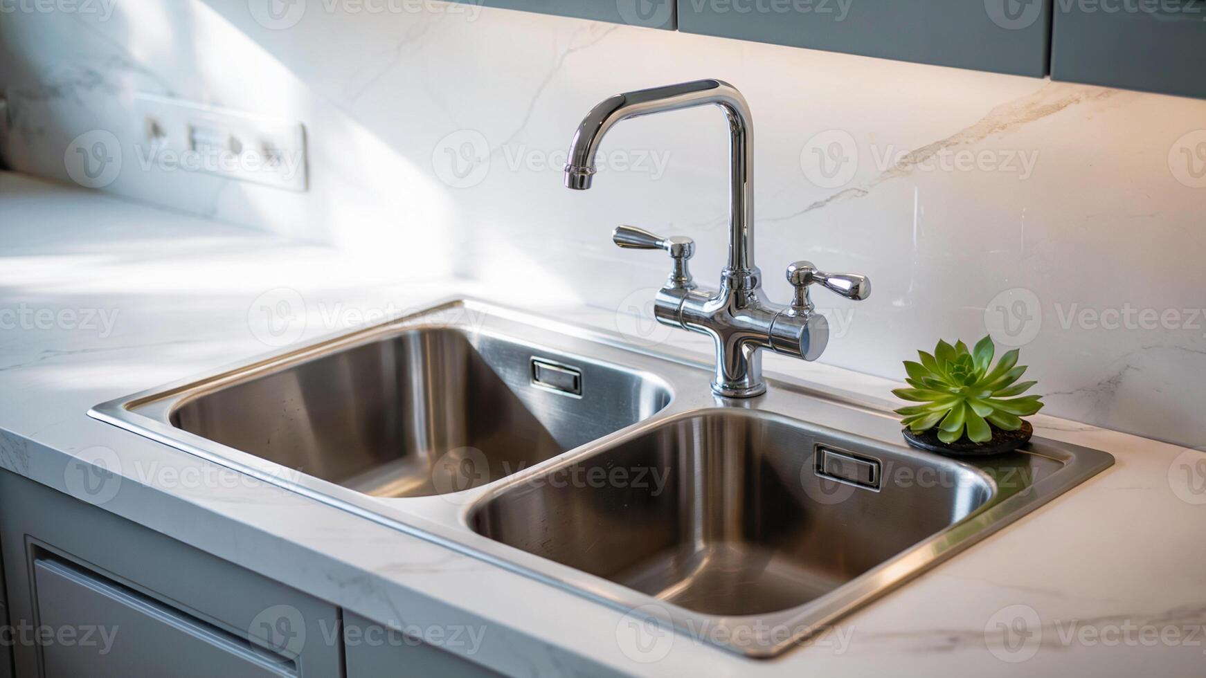 Double Stainless Sink Under Soft Lighting in White Kitchen with Marble Counters and Green Potted Plant photo