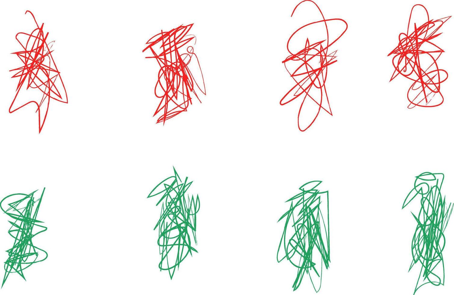 Abstract illustration featuring chaotic red and green scribbles on a white background, showcasing dynamic lines and vibrant colors, perfect for creative design projects and artistic expressions vector