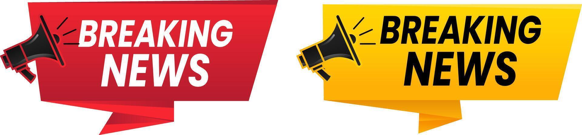 Breaking News megaphone badge icons in red and yellow for web banners, announcement tags, and emergency broadcast graphics vector