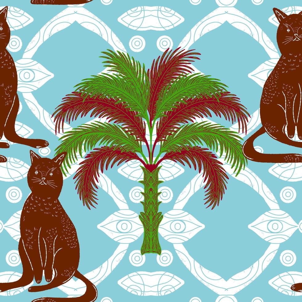 a pattern, with two cats and palm tree vector