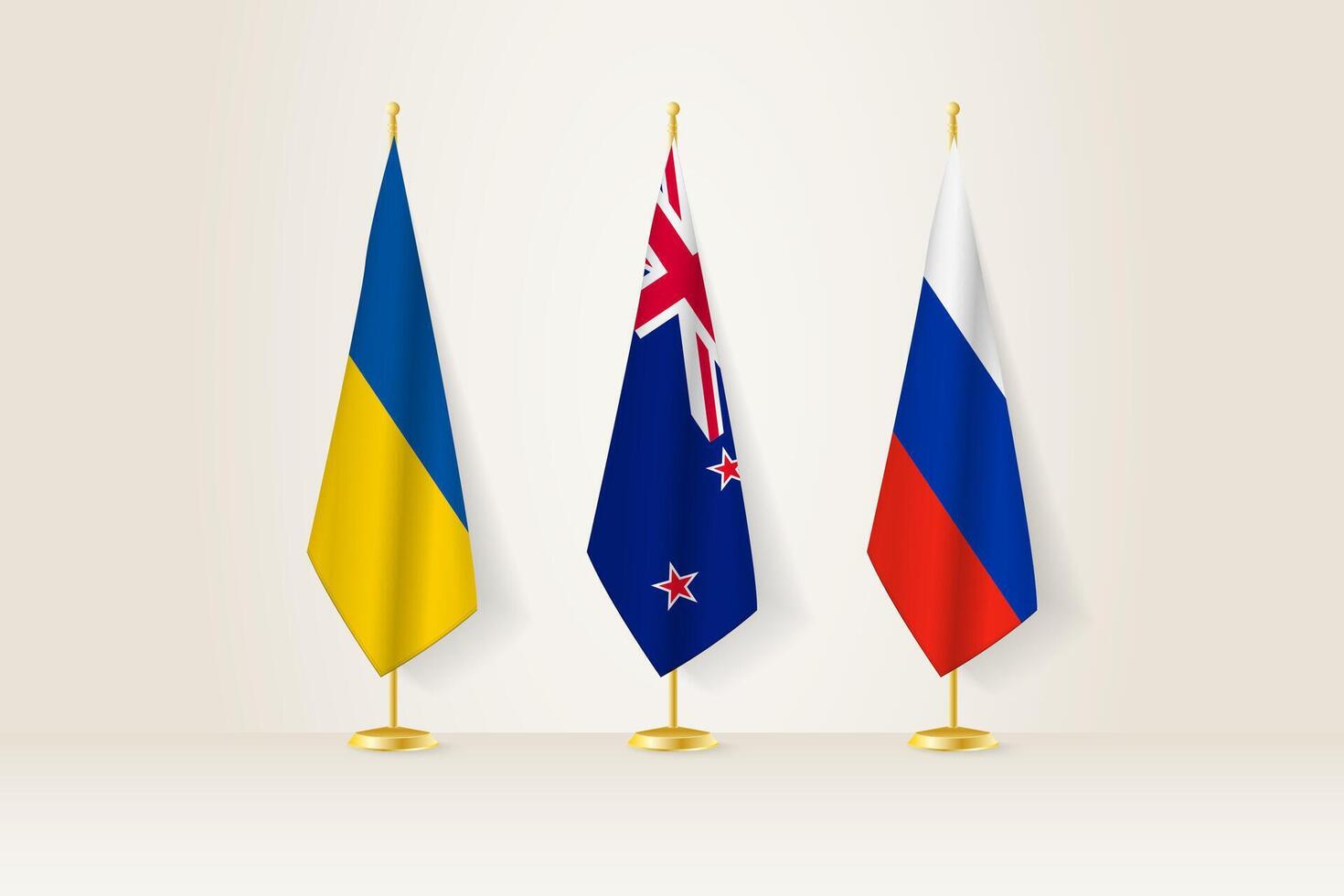 Diplomatic Meeting Representation, Ukraine, New Zealand and Russia Flags. Flags on Diplomatic Stands. vector