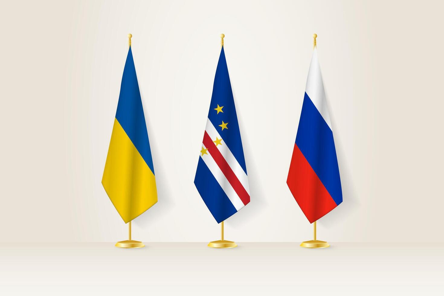 Diplomatic Meeting Representation, Ukraine, Cape Verde and Russia Flags. Flags on Diplomatic Stands. vector