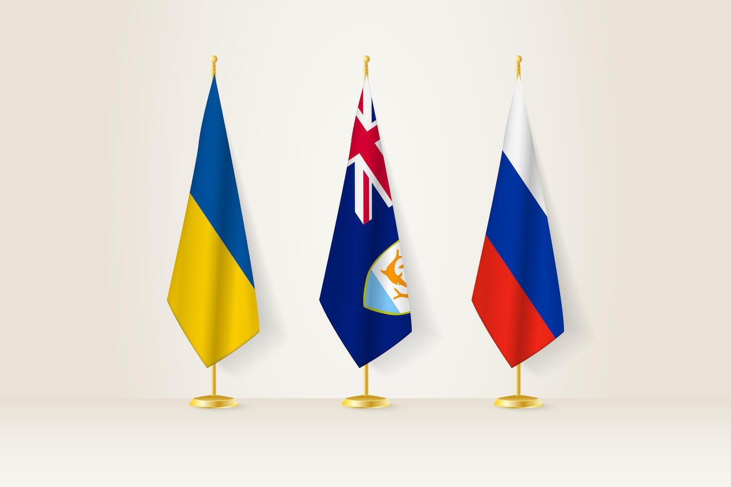 Diplomatic Meeting Representation, Ukraine, Anguilla and Russia Flags. Flags on Diplomatic Stands. vector